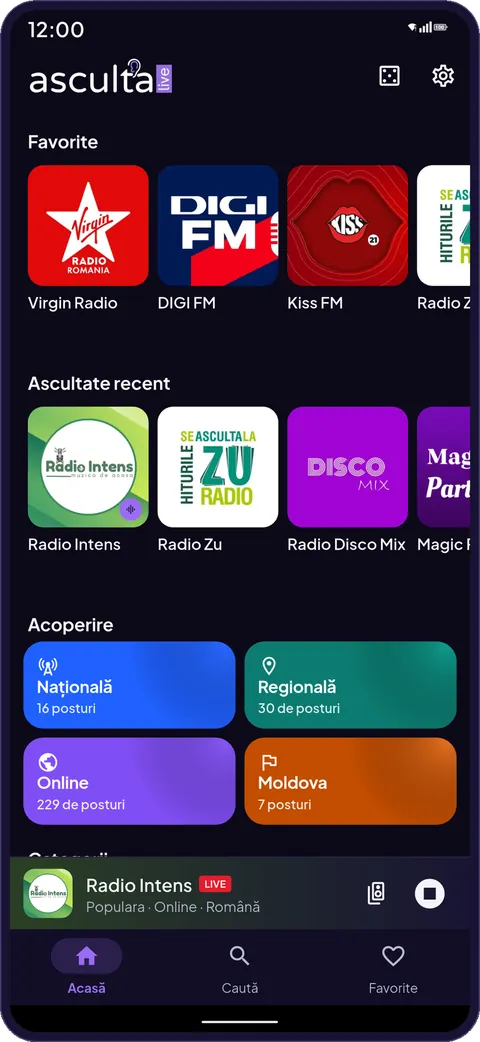 The AscultăLive app home screen: favourites, recently played stations and the coverage groups.