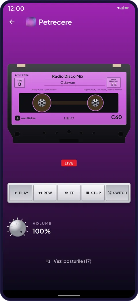 The “Petrecere” party playlist in the app, with the player drawn as an audio cassette.
