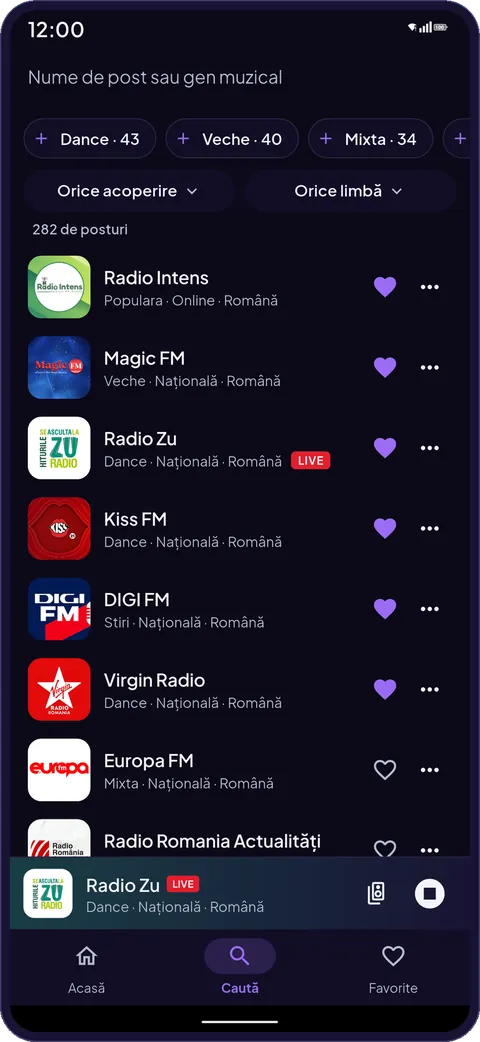 Search in the app: a field for a station name or a music genre, filters for genre, coverage and language, and the number of stations found.